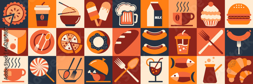 Autumn abstract food and drink pattern. Set of icons. Geometric pattern. Mosaic style. Autumn palette of colors