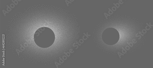 Dotwork solar, moon eclipse. Shape noise texture dotwork grain on dark background. Pointillism gradient pattern. Stochastic grange texture. Dotwork stipple halftone effect. Dotted vector element set