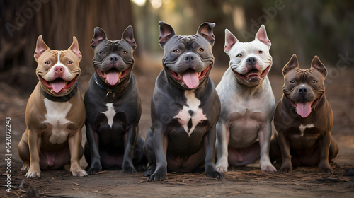 american bully dogs smiling for a portrait. photo