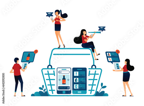 Illustration of people doing grocery shopping with mobile apps. select basic food products in apps and added to cart for checkout and payment. Can be used for landing page, website, web, banner