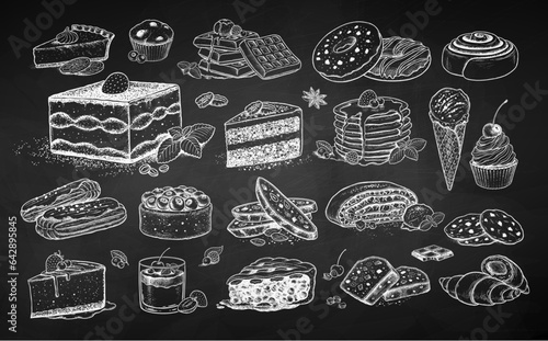 Vector chalk drawings illustratoins set of desserts and sweet food on chalkboard background