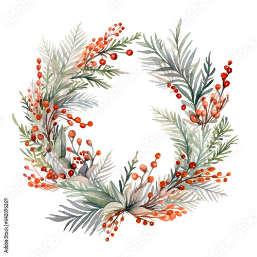 Watercolor Christmas Wreath Circle Round Banner with Fir  Mistletoe and Holy Berries and Pine Cones  Green Branches and Red Berries. Copy Space  Place for Text. Winter Autumn Wreath. Hand painted.