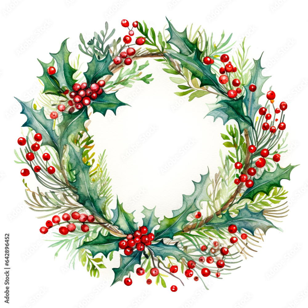 Fototapeta premium Watercolor Christmas Wreath Circle Round Banner with Fir, Mistletoe and Holy Berries and Pine Cones, Green Branches and Red Berries. Copy Space, Place for Text. Winter Autumn Wreath. Hand painted.