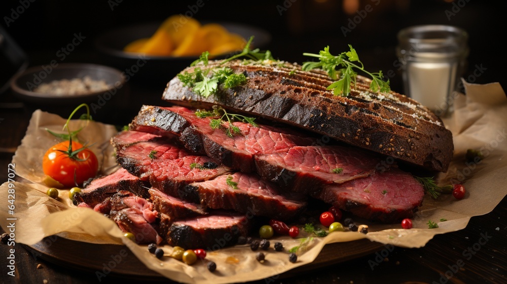 On paper with coloured grains, slices of beef pastrami. On paper with coloured grains, slices of beef pastrami.