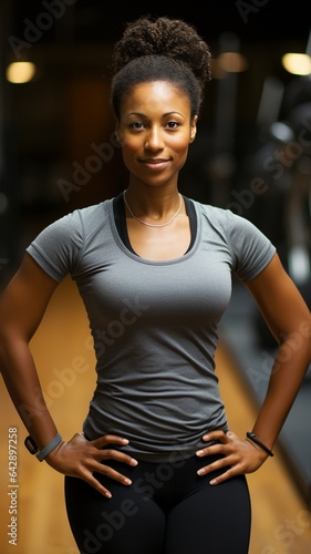 Black woman controls her health through a virtual workout class.