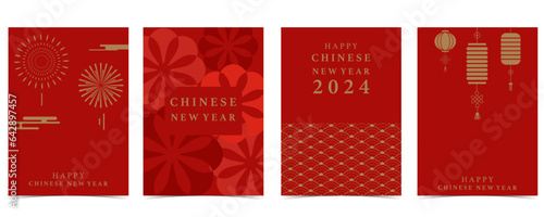 Gold red Chinese New Year background with lantern,cloud.Editable vector illustration for postcard,a4 size photo