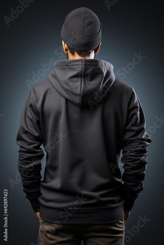 man wearing black hoodie back view