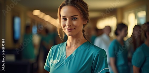 nurse in uniform smiling in a hallway of a hospital