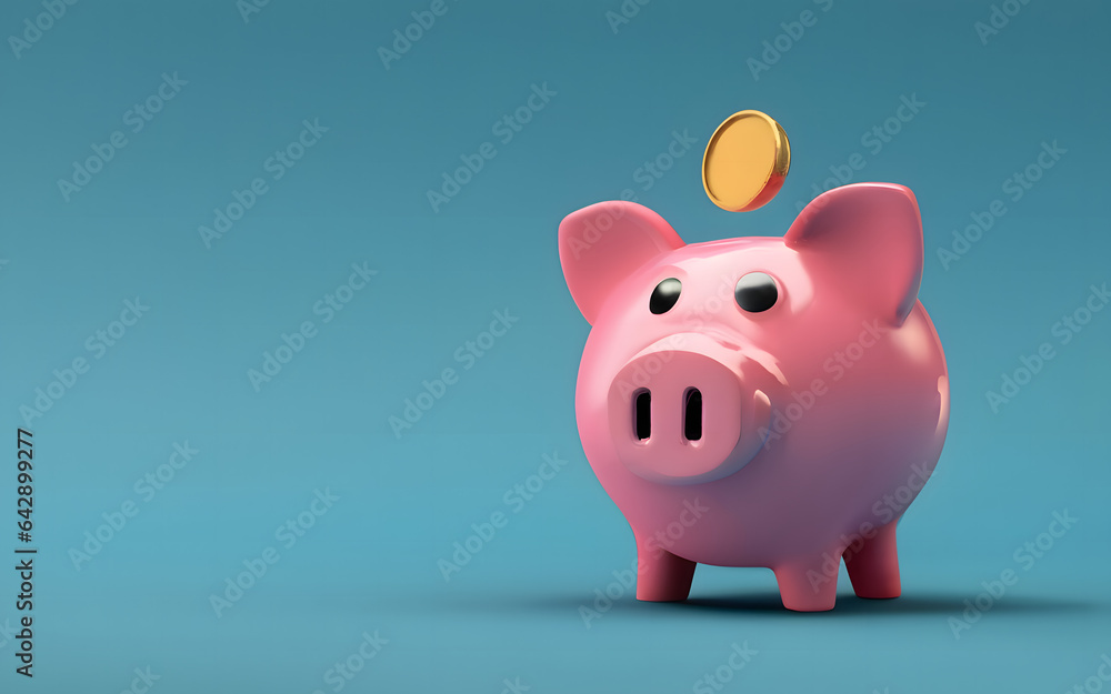 piggy bank on with coin on blue background. Saving investment banking concept.