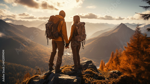 秋の至福: 手をつないで山の景色を楽しむ夫婦｜Autumn Bliss: Couple Holding Hands, Admiring Mountain Scenery　Generative AI