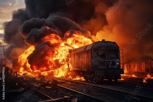 Tanks burning fire with pesticides. Train derailed exploding with fire and smoke. Wagons freight train carrying hazardous substances derailed. Concept technogenic disaster.