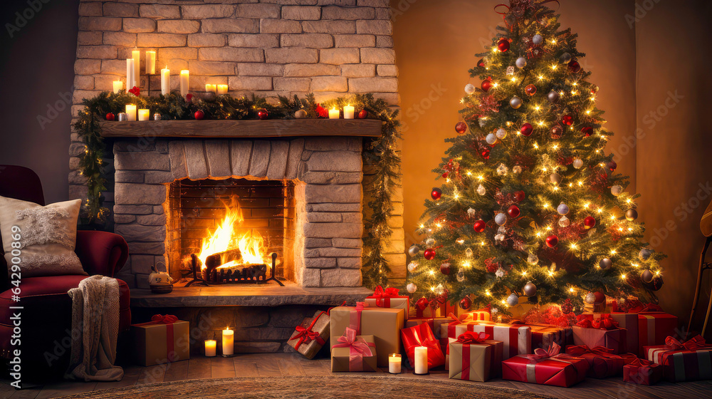 A beautifully decorated living room with a litfireplace, Chrismas theme. A beautifully decorated living room with a litfireplace, Chrismas theme.
