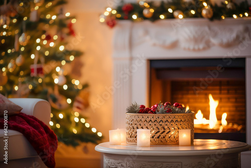 A beautifully decorated living room with a litfireplace, Chrismas theme.