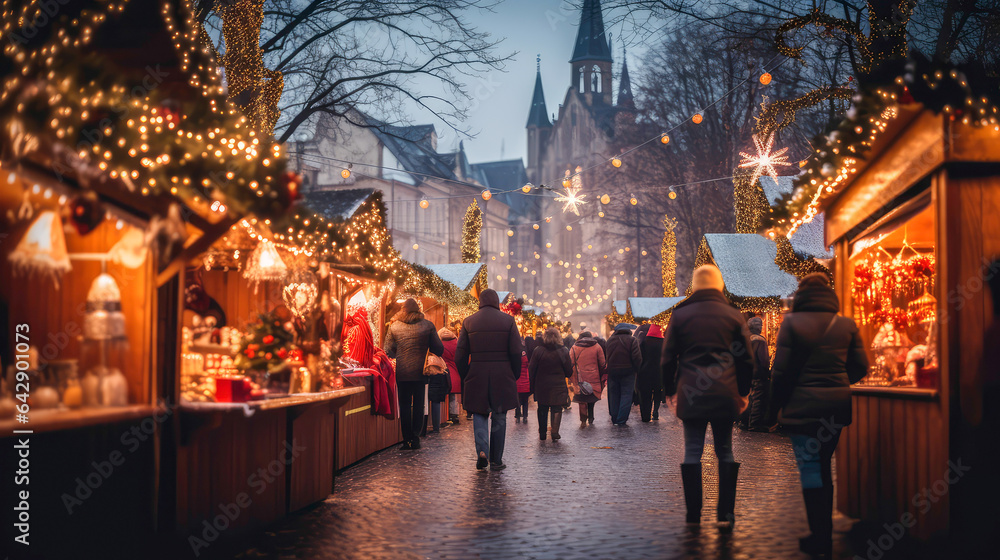Christmas markets  with colorful stalls, twinkling lights.
