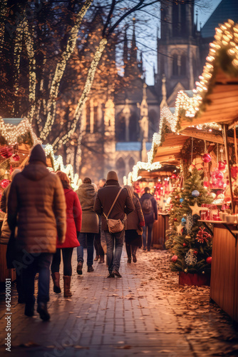 Christmas markets with colorful stalls, twinkling lights.