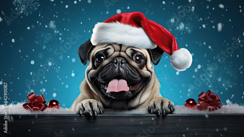 Happy pug in santa claus hat on christmas holiday time. Digital art on blue background. © Photo And Art Panda