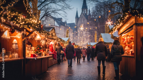 Canvas Print Christmas markets  with colorful stalls, twinkling lights.