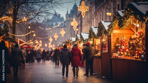 Christmas markets  with colorful stalls, twinkling lights.