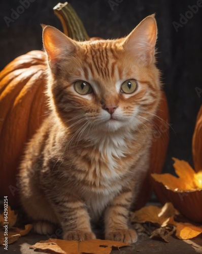 A cute cat is sitting in the pumpkin garden photo set in warm autumn colors with a pumpkin