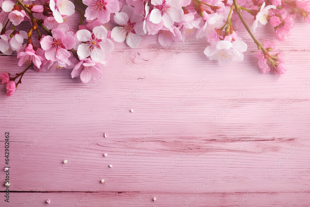 Pink cherry blossom on a pink wooden table, copy space Pink cherry blossom on a pink wooden table, copy space