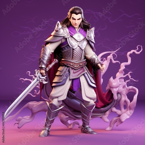 The Majestic 3D Animated Zhao Yun: A Captivating Full Body Portrait with a Radiant Purple Background