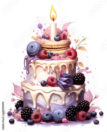 Beautiful and elegant birthday cake decorated by berries and flowers.