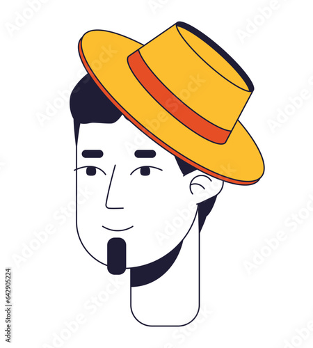Relaxed caucasian man in hat flat line color vector character head. Positive. Showing emotion. Editable cartoon avatar icon. Face emotion. Simple cartoon spot illustration for web graphic design