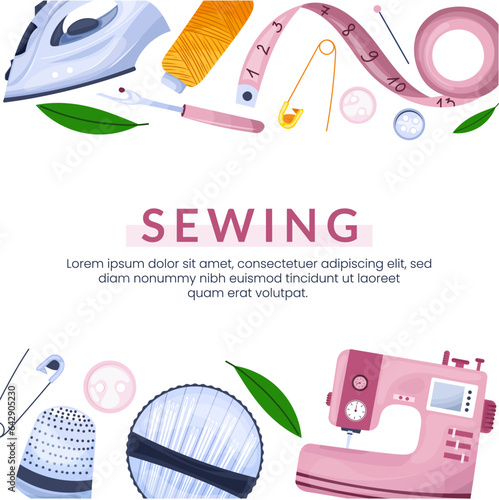 Sewing banner design with place for text. Sewing tools collection. Sewing machine, needles, thread, iron. Hand drawn vector illustration. Banner for sewing atelier, workshop, courses, tailoring.