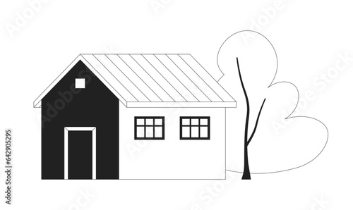 Cute house monochrome flat vector object. Town building with decorative tree. Editable black and white thin line icon. Simple cartoon clip art spot illustration for web graphic design