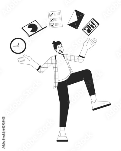 Man juggling of tasks bw concept vector spot illustration. Man balancing on one leg 2D cartoon flat line monochromatic character for web UI design. Productivity editable isolated outline hero image