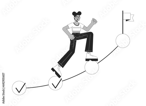 Woman going up on milestones bw concept vector spot illustration. Achieving goals 2D cartoon flat line monochromatic character for web UI design. Productivity editable isolated outline hero image
