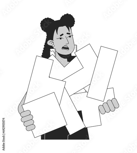 Disorganized woman with broken puzzle pieces bw concept vector spot illustration. 2D cartoon flat line monochromatic character for web UI design. Productivity editable isolated outline hero image