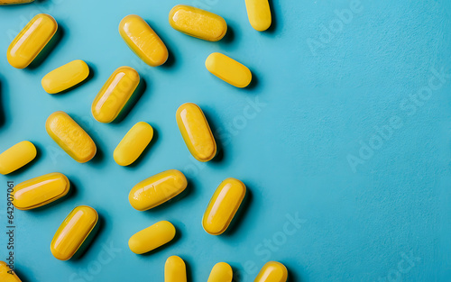 Yellow medical pills or tablets on blue background