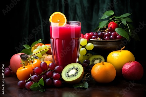 fruit juice in a glass with fresh fruits on a dark wooden background