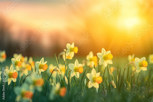 Beautiful Panoramic Spring Nature background with Daffodil Flowers