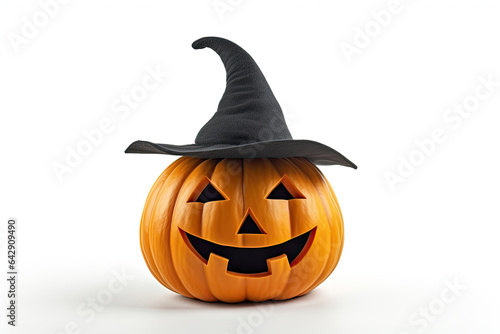Photo of cute Halloween carved pumpkin with witch hat  on white background © reddish