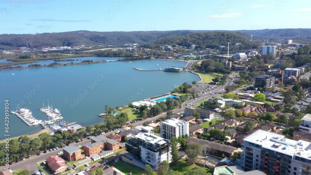 Aerial drone view of Gosford above Point Frederick on the Brisbane Water of Central Coast, New South Wales, Australia on a sunny day Aerial drone view of Gosford above Point Frederick on the Brisbane Water of Central Coast, New South Wales, Australia on a sunny day