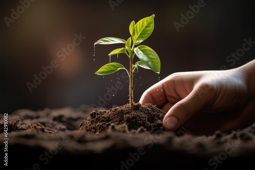 Hand planting and watering small plants in the ground