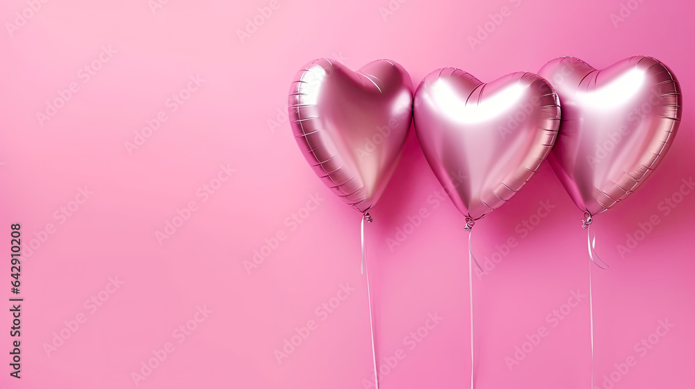 Heart shaped balloons on a pastel pink backgorund, Valentine banner