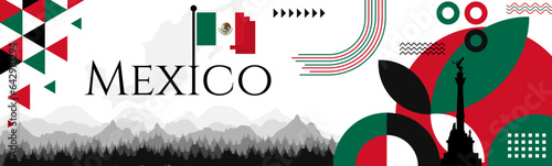 The Mexico Independence Day abstract banner design with flag and map. Flag color theme geometric pattern retro modern Illustration design. Green, white and Red color template.