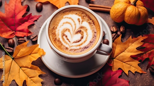 a cup of coffee with a heart drawn in the foam on it surrounded by autumn leaves and acorels