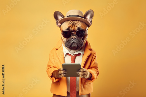 happy dog speaking on phone standing on colored background © RealPeopleStudio