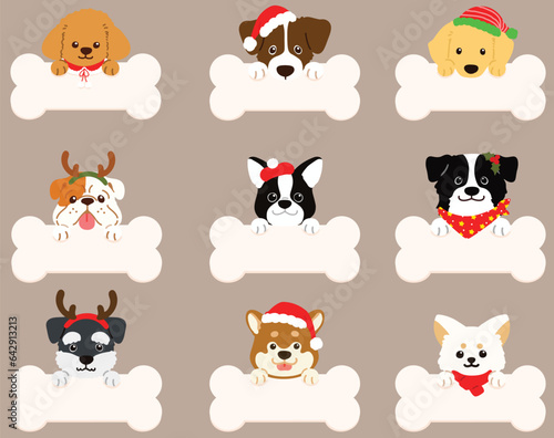 Set of flat colored dog face Christmas illustrations with paws holding a bone