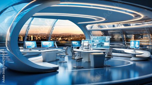 Space-age futuristic office with touch-controlled surfaces.