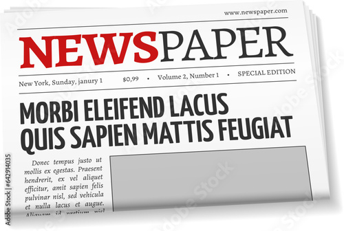 Newspaper front page template. Realistic folded tabloid photo