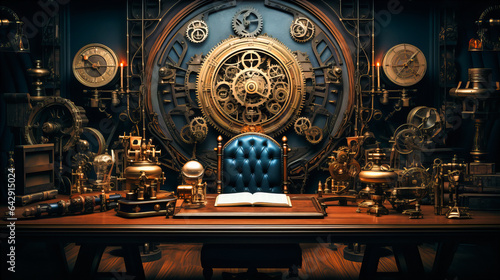 Steampunk-inspired workspace with gears, levers, and vintage tech.