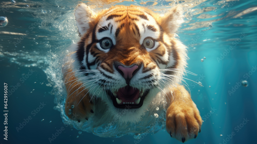 Close-up of a tiger swimming underwater in the water with its mouth open. created by generative AI technology. - obrazy, fototapety, plakaty 