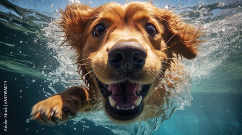 Cute golden retriever swimming underwater in the pool and splashing water. created by generative AI technology.