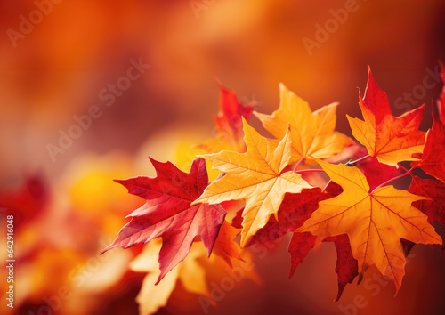 Autumn background with maple leaves and bokeh defocused lights. created by generative AI technology.