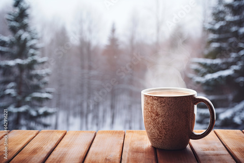 cup of coffee on a wooden table, winter wonderland on the background 